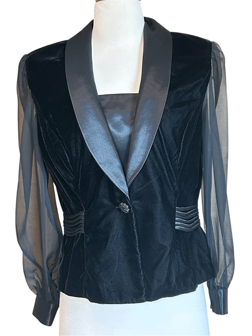 R&K Evening Black Velvet Blazer Sheer Chiffon Sleeve Satin Trim Formal size 10P